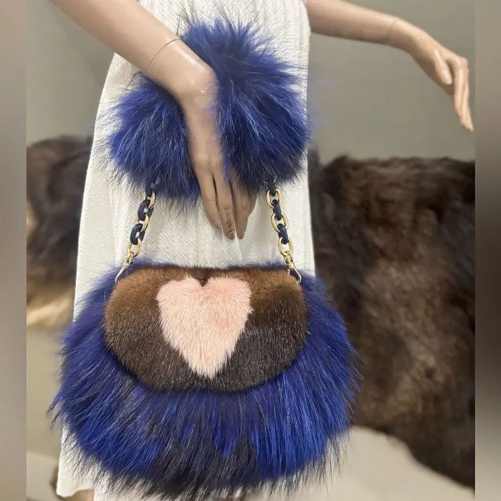 Stunning Real Mink Fur with Finn Raccoon Fur Shoulder Bag with 2 Strap Styles
